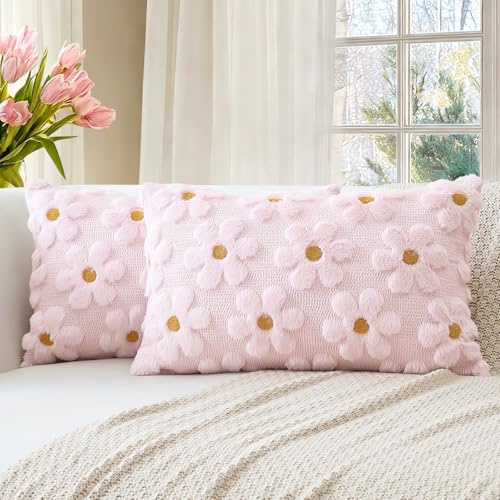 Artscope 2er Set Wolle Blumen Kissenbezüge Weicher Plüsch Kurzer Wollsamt Dekokissenbezüge Frühjahr Sommer Kissenhülle Saisonale Sofakissen für Sofa Schlafzimmer Rosa, 30x50cm
