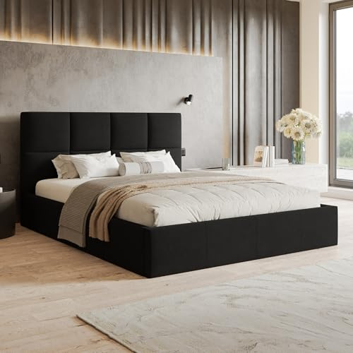 MOTIVENA Star Bett 200x200 Schwarz Samt, mit Stauraum, mit Kopfteil, mit Lattenrost, ohne Füße, mit Matratze H2/H3, Polsterbett 200x200 mit Bettkasten Schwarz