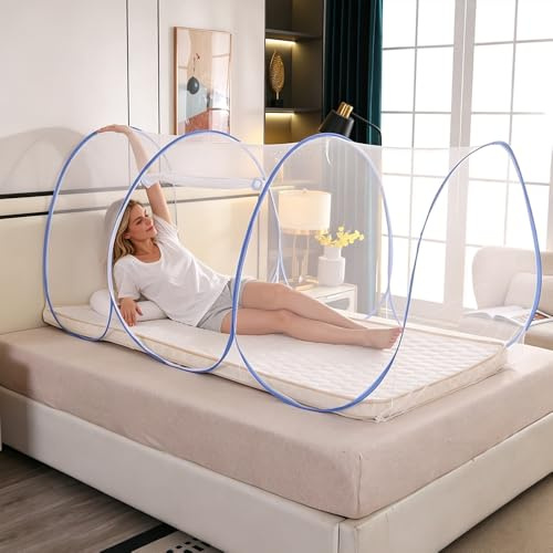SKIKHN Moustiquaire Voyage, 190x90x90cm Moustiquaire Pop Up avec Fermeture Eclair, Moustiquaire Pliable Ultra Légère, Tente de Camping Portable, pour Lit Simple, Camping, ExtéRieur (Bleu)