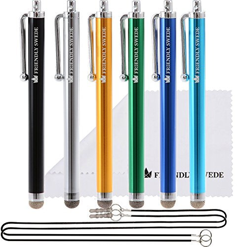 6 Stück Hybrid Touchscreen Stift, Eingabestift, Stylus mit Mikrofaserspitze [11,5 cm] + 6 x 38 cm Lange Schnüre + 1 x Reinigungstuch (Silber Gelb Grün Blau) (Silber Gelb Grün Blau)