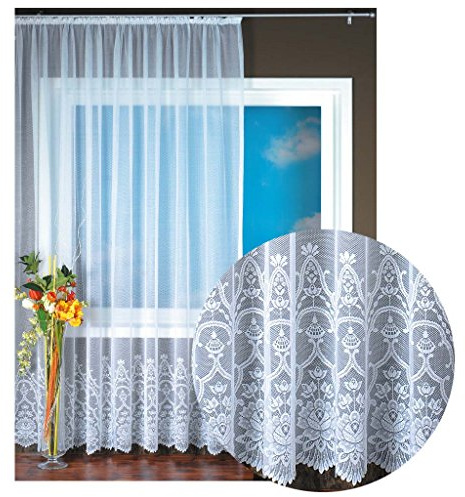 Gardine Jacquard Universalband Spitzenoptik Vorhang Blumenmuster weiß, Auswahl: 300 x 245 cm, Design: Felicitas