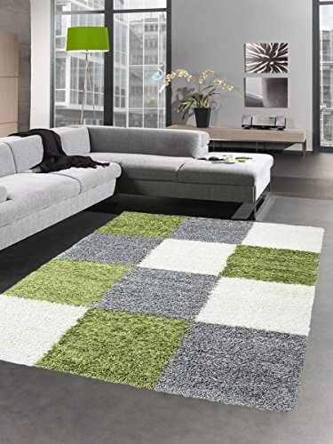 CARPETIA Shaggy Teppich Hochflor Langflor Bettvorleger Wohnzimmer Teppich Läufer Karo grün grau Creme Größe 60x110 cm