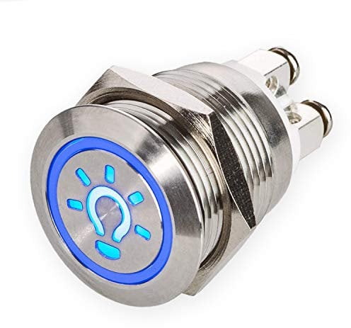 LED Drucktaster – Licht-Symbol – Ø 19 mm – flache Tastfläche – Schraubkontakte – wasser- staubdicht IP67 – AC/DC (Blau)