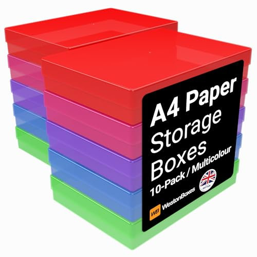 WestonBoxes A4 Colourful Transparent Plastic Craft Storage Boxes with Lids for Art Supplies, Paper and Card (Multicoloured/Pack of 10)