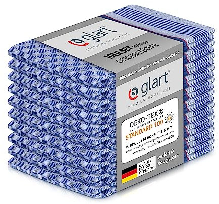 Glart 48GR Geschirrtücher Baumwolle 10er-Set – 45×90 cm Grubentücher Küchentücher, vorgewaschen, saugstark, fusselfrei & waschbar – Küchenhandtücher zum Trocknen, Polieren – Designed in Germany