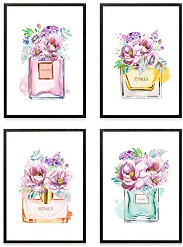 Din A4 Kunstdruck 4-teilig - ungerahmt - Parfum Flakon Beauty Luxus Make up Aquarell Blumen Druck Poster Bild