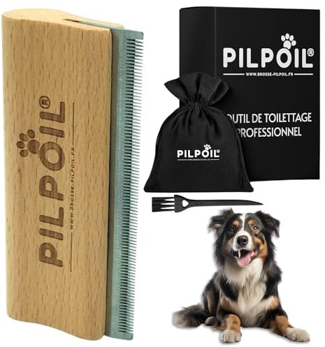 Pilpoil Pack Pro - Brosse Anti Poils Court pour Chien + Raclette Anti-Poils Animaux - Élimine 95% du Sous-Poil - Outil Anti Mue en Bois de Qualité - Accessoire de Toilettage - Taille L