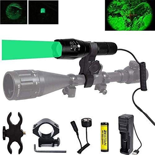 Linterna de Caza Verde de 350 Yardas,Luz de Depredador Verde con Zoom Linterna Táctica LED Antorchas Caza Coyote Varmint con RIel de Interruptor de Presión y Soportes de Alcance,Batería y Cargador