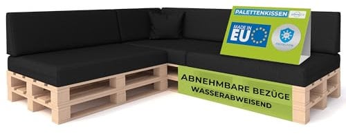 Pillows24 - Palettenkissen 8-teiliges Set | Palettenauflage für Palettensofa | Rückenkissen & Sitzkissen für Europaletten | Palettenmöbel für Indoor & Outdoor mit UV-beständig | Made in EU | Schwarz