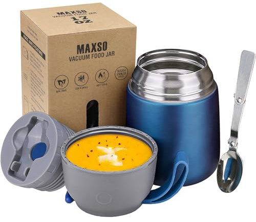 LOGEEYAR Boîtes Alimentaires Isothermes, Boîte Isotherme Repas Chaud Porte-Aliments en Acier Inoxydable à Double Couche, Thermoisolant Boîte avec Cuillère Pliante pour Ecole, Bureau, 500ml Bleu
