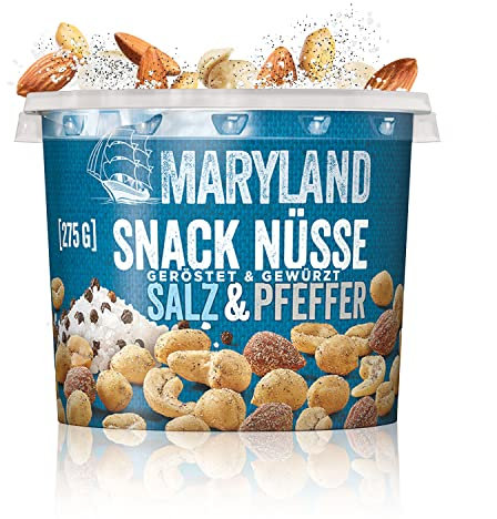 Maryland Snack Nüsse Salz & Pfeffer 275g Becher – Knackig-lecker gewürzte Nussmischung mit gerösteten Erdnüssen, Cashewkernen und Mandeln – Wiederverschließbarer Becher (1 x 275g)