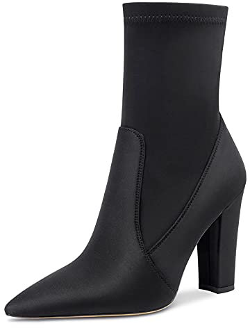 NobleOnly Donna Stivali alla Caviglia Cerniera Polacchine Tacco a Blocco 10CM High Heels Boots Nero Raso Scarpe EU 38