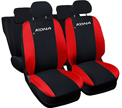 Lupex Shop Autositzbezüge kompatibel mit Kona, Made in Italy, Polyestergewebe, kompletter Satz Vorder- und Rücksitze (Schwarz - Rot)
