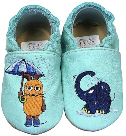 HOBEA-Germany Krabbelschuhe Unisex, Die Maus, Lederschuhe (Maus mit Elefant Regen mint, 24/25)