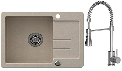 VBChome Évier en granit beige avec robinet, 60 x 44 cm, simple, encastrable, réversible, moucheté, + siphon, robinetterie de lavabo avec bec pivotant et extensible