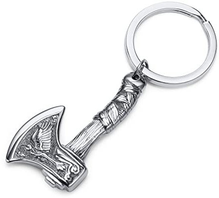 XUANPAI Norse Viking Jewellery, Nordic Keychain Norse Mjolnir Axe Keyrings Stainless Steel Vikinger Key Ring for Men Amulet Talisman Keychains,Silver