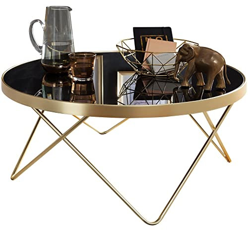 Couchtisch Ø 82 cm Schwarz/matt Gold Beistelltisch Metall/Glas | Tisch mit Glasplatte | Ablagetisch modern | Großer Wohnzimmertisch | Glastisch mit Metallgestell