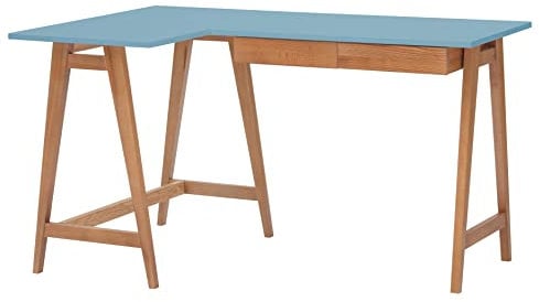 RAGABA Eckschreibtisch Luka Tisch Mit L-Form Winkelschreibtisch Schreibtisch Bürotisch Ecktisch Arbeitstisch Studie Tisch Computertisch - 135 cm + 85 cm - Linke Seite - Massivholz Eiche - Taubenblau