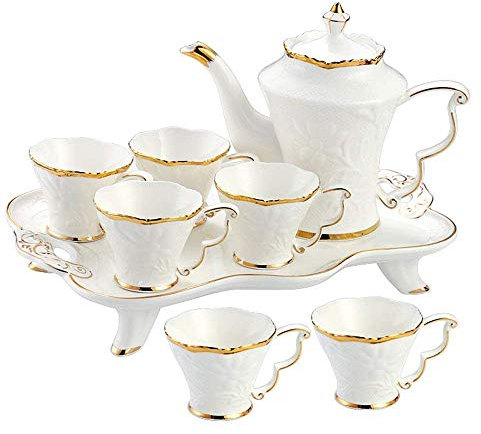 Tea Kaffeetassen-Set, 8-teilig, glasiertes Porzellan, Kaffee- und Teeservice mit 6-teiligen Tassen und Kaffeetablett, Goldrand (weißes 8er-Set)