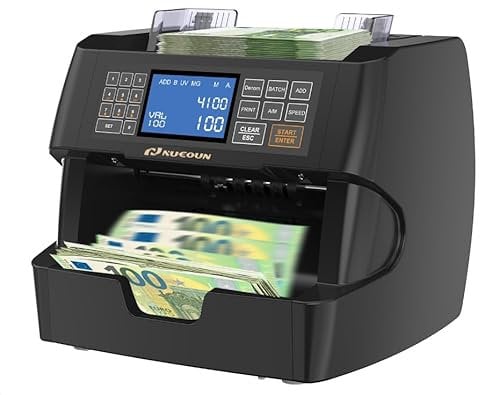 NUCOUN NC-5 Geldzählmaschine, voreingestellter Wertzähler, UV/MG/IR/DD-Fälschungserkennung, 3,5-Zoll-LED-Anzeige, Add/Batch/Drucker aktiviert, Geldscheinzähler, Bargeldzähler