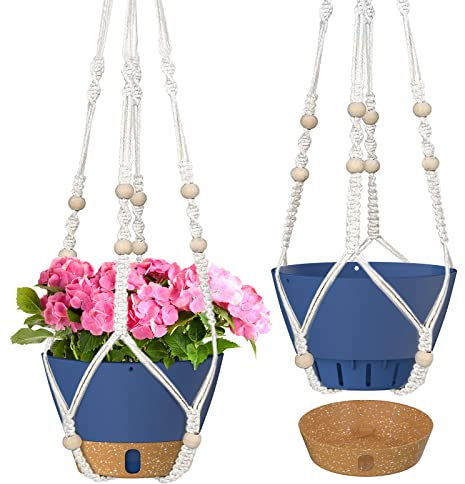 ZMTECH 2 Stück 25.4 cm hängende Pflanzgefäße mit Mcreme-Pflanzenhänger für Innen- und Außenpflanzen, selbstwässernder, Blumentopf mit Drainageloch und sichtbarer Wasserwaage, Blau