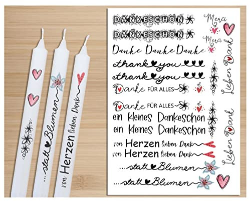 Kerzentattoo Dankeschön Geschenk Profiqualität A4 Kerzenfolie Danke sagen Sprüche Wasserschiebefolie DIY Kerzen mit Spruch bunt Deko Stabkerzen Tischdeko