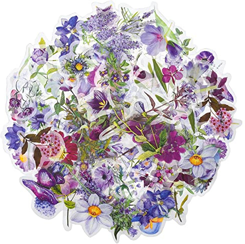 ExceLife 100 Pcs Natural Flower Stickers for Scrapbooking, PET Transparent Retro Floral Plants Vintage Stickers for Scrapbook Laptop Skins Album DIY Craft Daily Planner,Purple