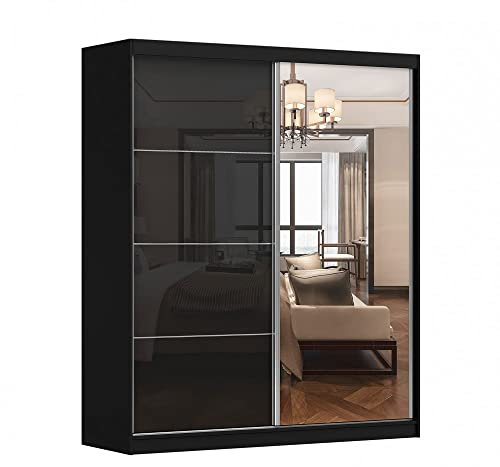 Kleiderschrank M31 mit Spiegel 183 cm, Schwebetürenschrank, Garderobeschrank Schlafzimmer; Wohnzimmerschrank; Korpus Schrank Farbe: Schwarz; Farbe der Schrankfront: Schwarz Hochglanz- 2 Schiebetüren
