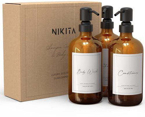 NIKITA - Dispensador de jabón de vidrio con bomba de acero inoxidable, dispensador de jabón para cocina o baño, color marrón, bomba de botella de vidrio de 500 ml, color ámbar, etiquetas impermeables