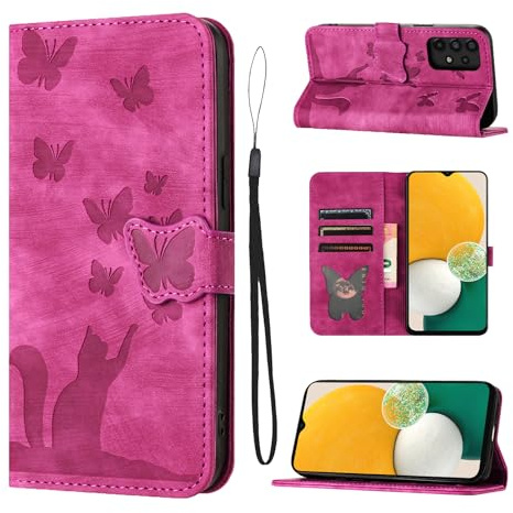 Samsung Custodia per Galaxy A13 4G/5G Premium PU Leather con slot per carte di credito Cat Butterfly Pattern