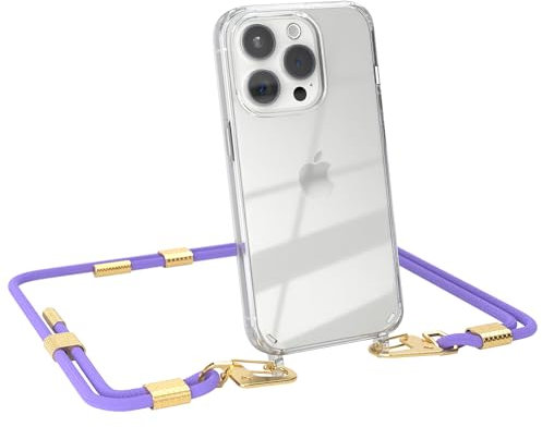 EAZY CASE - Handykette mit Karabiner kompatibel mit iPhone 15 Pro - Hülle Silikon transparente Handyhülle für iPhone 15 Pro Kette zum Umhängen Schutzhülle in Lavendel Lila - Clips Gold