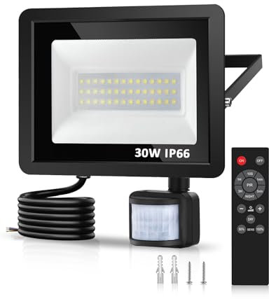 KALAHOL Upgraded 30W Security Lights Outdoor Motion Sensor with IR Remote Control, PIR Security Light 3000LM 6500K IP66 Waterproof, LED Floodlights for Garden,Backyard,Garage,Doorways (Cold White)
