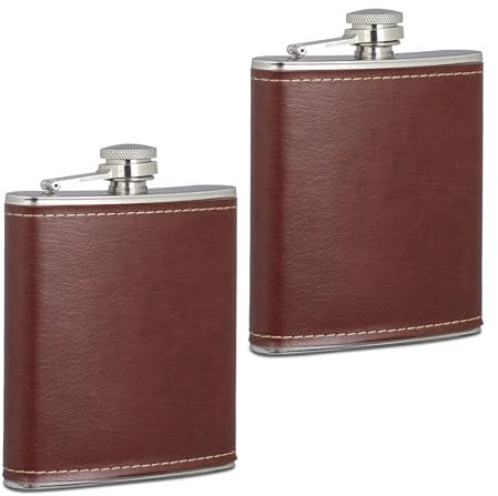 Relaxdays Flachmann 2er Set, 200 ml, Edelstahl Schnapsbehälter mit Kunstleder Hülle, kleine Taschenflasche, braun/Silber