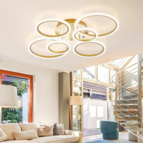 YOLEDY Deckenlampe Led mit Fernbedienung & APP, Decken Lampen mit 6 Ring, Dimmbar, Licht Memory Funktion mit Timer, Moderne Deckenleuchte Rund Wohnzimmer Flur Schlafzimmer, Gold