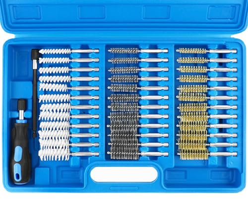QWORK® 38 uds. Juego de cepillos redondos de nailon/acero inoxidable/latón, cepillos limpiapipas limpia-inyectores Ø8-19 mm con extensión de 150 mm para limpieza y desbarbado
