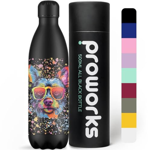 PROWORKS Thermosflasche, BPA-frei, wiederverwendbar, aus Edelstahl, 12 Stunden warm und bis zu 24 Stunden kalt, Sport, Fitnessstudio, 1 l, Farbspritzer, Hund