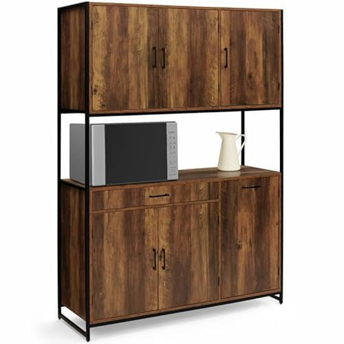 IDMarket - Buffet de Cuisine 120 CM Hawkins Meuble 6 Portes Bois foncé Design Industriel + tiroir