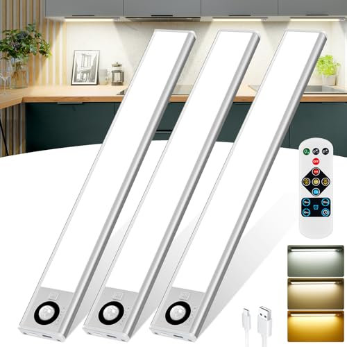 Unterbauleuchte Küche LED mit Fernsteuerung, 30CM Schrankbeleuchtung mit Bewegungsmelder, 72 LEDs 2200mAh USB-C Aufladbar, 3000K/4000K/6000K Dimmbar, 3 Stück LED Leiste für Kleiderschrank, Treppe
