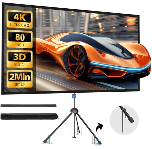 Projector Screen with Stand 80 inch Indoor Outdoor Projector Screen 16:9, 4K HD PVC Projector Screen with 1.5 Gain, projector screen for Backyard Theater and Wall Hanging 2IN1 with Carry Bag, Ground