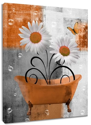 HVEST Leinwandbild mit Blume, Orange, für Badezimmer, Bauernhaus, Gänseblümchen und Schmetterling auf abstrakten geometrischen Gemälden, Wanddekoration, Blumenpflanze, Wandkunst für Wohnzimmer,