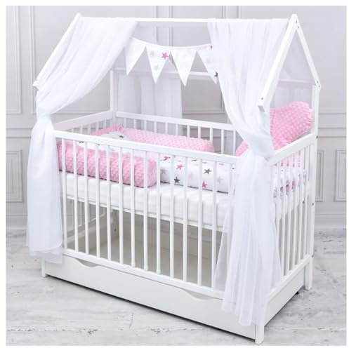 Generisch Baby Delux Babybett Komplett Set Hausbett 60x120 cm weiß Schublade Rausfallschutz Kinderbett Matratze Bettwäsche Deko Set (Magic rosa)
