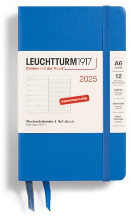LEUCHTTURM1917 370503 Wochenkalender & Notizbuch Pocket (A6) 2025, Sky, Deutsch