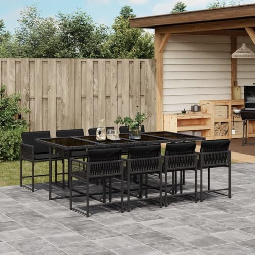 Tidyard Gartenmöbel Set 9-TLG.Garten Essgruppe Gartensitzmöbel Terrassenmöbel Set 8 Personen Sitzgruppe Garten Balkongarnitur Gartengarnitur Tisch mit Glas-Tischplatte & 8 Stuhl Schwarz Poly Rattan