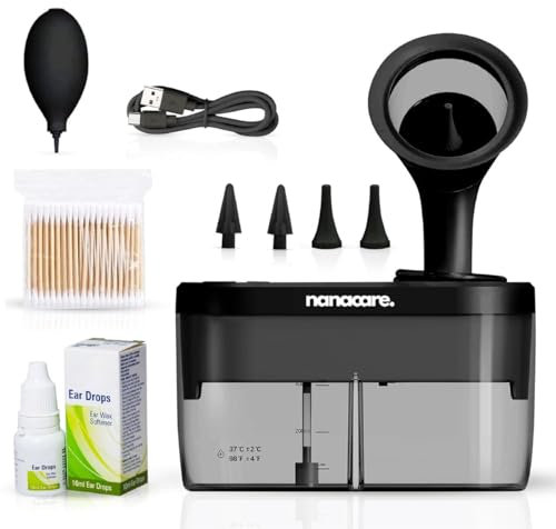 2025 Upgraded Black Electric Ear Wax Removal Irrigation Cleaner by NanaCare UK with Free Natural Olive Oil Ear Drops|Ear Washing & Earwax Cleaning Remover Kit| Includes Cotton Swabs, Ear Vacuum Bulb