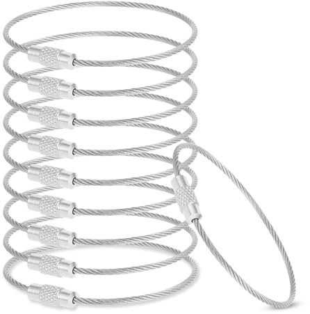 Prasacco 10 llaveros de cuerda de alambre, 15 x 0.15 cm, acero inoxidable, llavero suave con cierre de rosca, llaveros multifuncionales para etiquetas de equipaje, llaves, colgantes, Color de acero