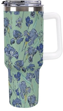 Niapessel Gobelet anti-fuite, bouteilles d'eau isothermes avec paille, fleurs d'iris et de Van Gogh – Bouteille isotherme avec poignée – Bouteille en acier inoxydable de 1200 ml pour l'école, les