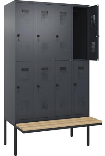 kaiserkraft | Doppelstock-Spind Evolo Plus Sitzbank | 4 Abteile | grau | B 1200 mm | Sicherheits-Drehriegel | mit auskragender Sitzbank | Buche