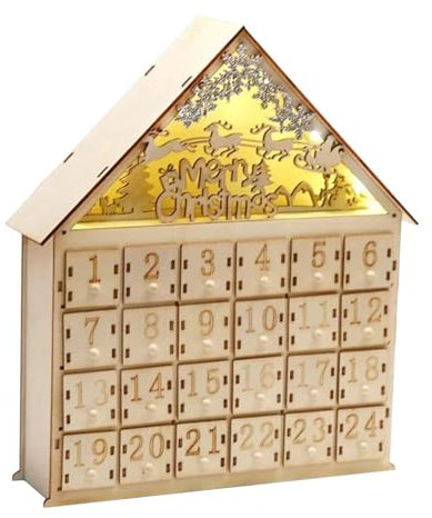 Adventskalender aus Holz, Adventskalender zum Selbstbefüllen, LED-Beleuchtung, Adventskalender, aus Holz, mit LED-Lichtern, 24 Schubladen zur Aufbewahrung von Kaminen