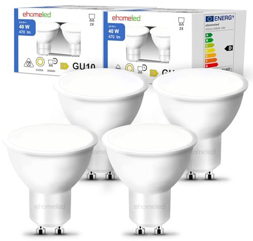 ehomeled GU10 LED Glühbirne Leuchtmittel Kaltweiß(6500K), 470 Lumen, ersetzt 50W Halogenlampe, energiesparend, 120° Flutlicht, ideal für Wohnzimmer, Küche & Flur, nicht dimmbar, 4er-Pack