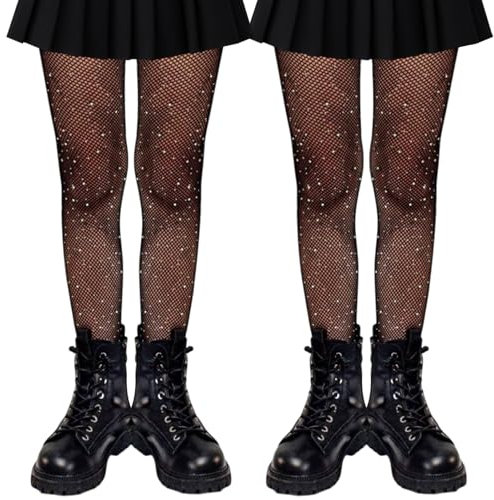 UILYNIU 2 Paia Calze a Rete Collant Nere per Ragazze, Collant Brillanti con Strassi per Bambini, Leggings con Strass Luccicanti per Scuola Ginnastica Danza Cosplay Balletto Feste Spettacoli
